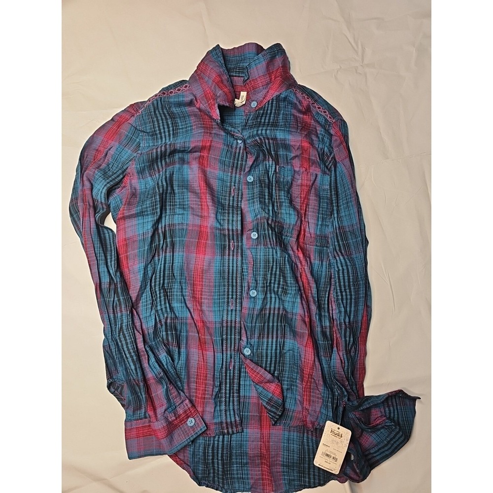 Nwt Mudd Womens Plaid Flannel Shirt Teal Red Button Down Crochet Shoulder #267